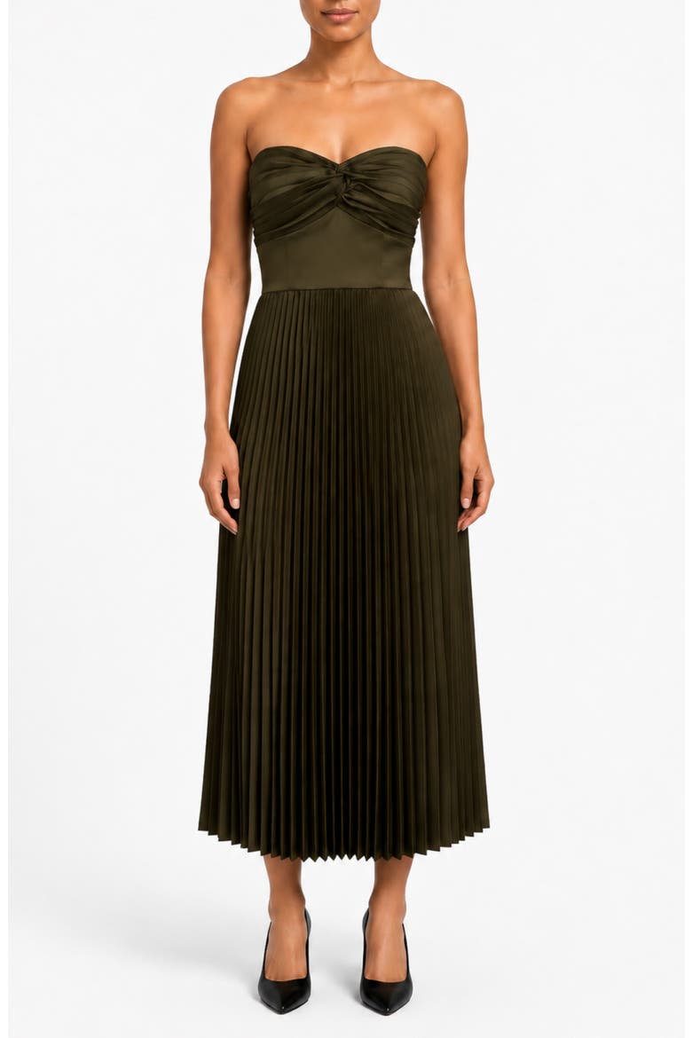 Twist Sweetheart Satin Pleated Midi Dress, Main, color, DEEP OLIVE