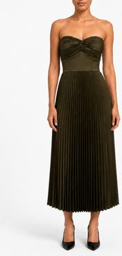 Nicole Miller Twist Sweetheart Satin Pleated Midi Dress