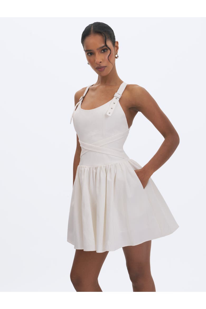 Francine Cotton Denim Crossover Strap Mini Dress, Alternate, color, White