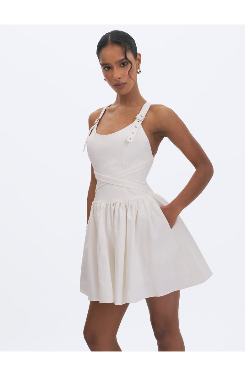 Miss Circle Francine Cotton Denim Crossover Strap Mini Dress, Alternate, color, White