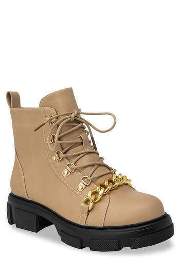Chase & Chloe Chase And Chloe ́ Curb Chain Trimmed Lug Sole Boot In Nude