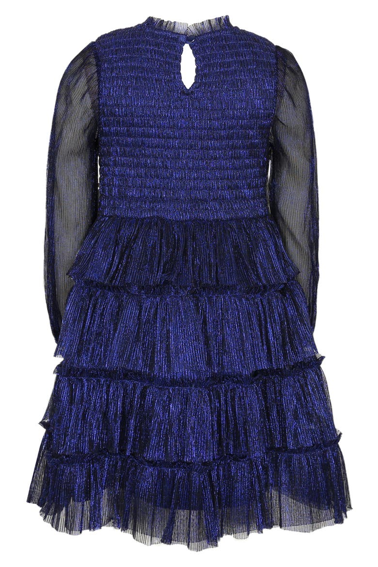 Kids' Metallic Plissé Long Sleeve Tiered Party Dress, Alternate, color, NAVY