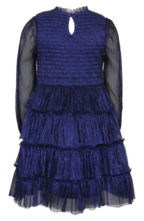 Zunie Kids' Metallic Plissé Long Sleeve Tiered Party Dress In Blue