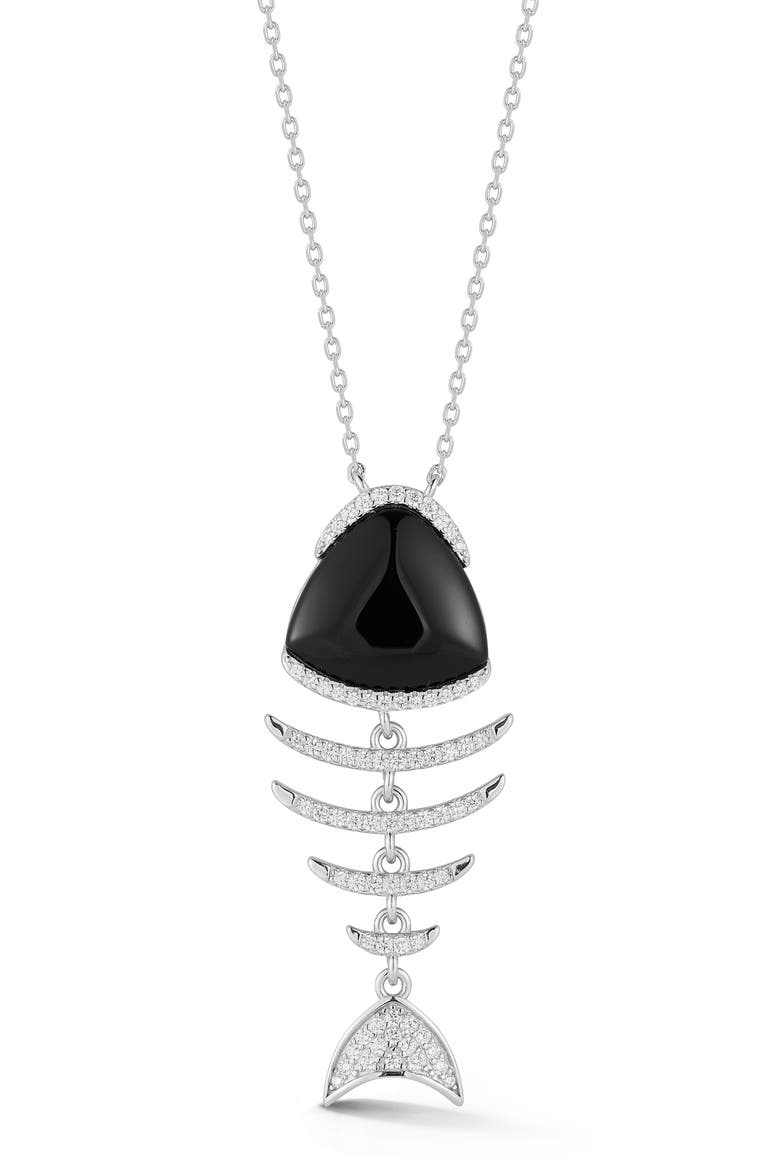 Black Agate & Cubic Zirconia Fish Pendant Necklace, Main, color, SILVER