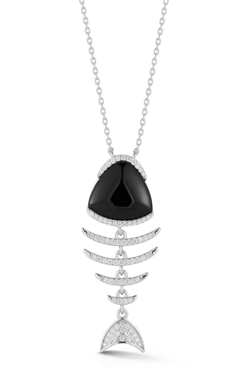 GLAZE JEWELRY Black Agate & Cubic Zirconia Fish Pendant Necklace, Main, color, Silver