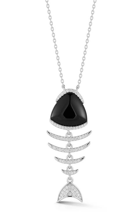 Black Agate & Cubic Zirconia Fish Pendant Necklace