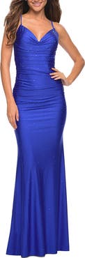 La Femme Sparkle Rhinestone Long Jersey Prom Dress