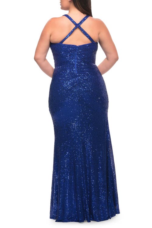 La Femme Sequin Long Plus Gown With V-neck And Slit