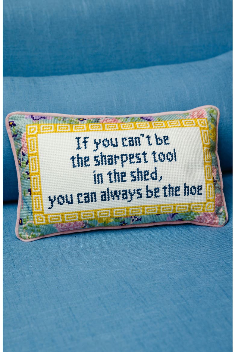 Sharpest Tool Needlepoint Pillow, Alternate, color, Coral Pink, Yellow, Ivory