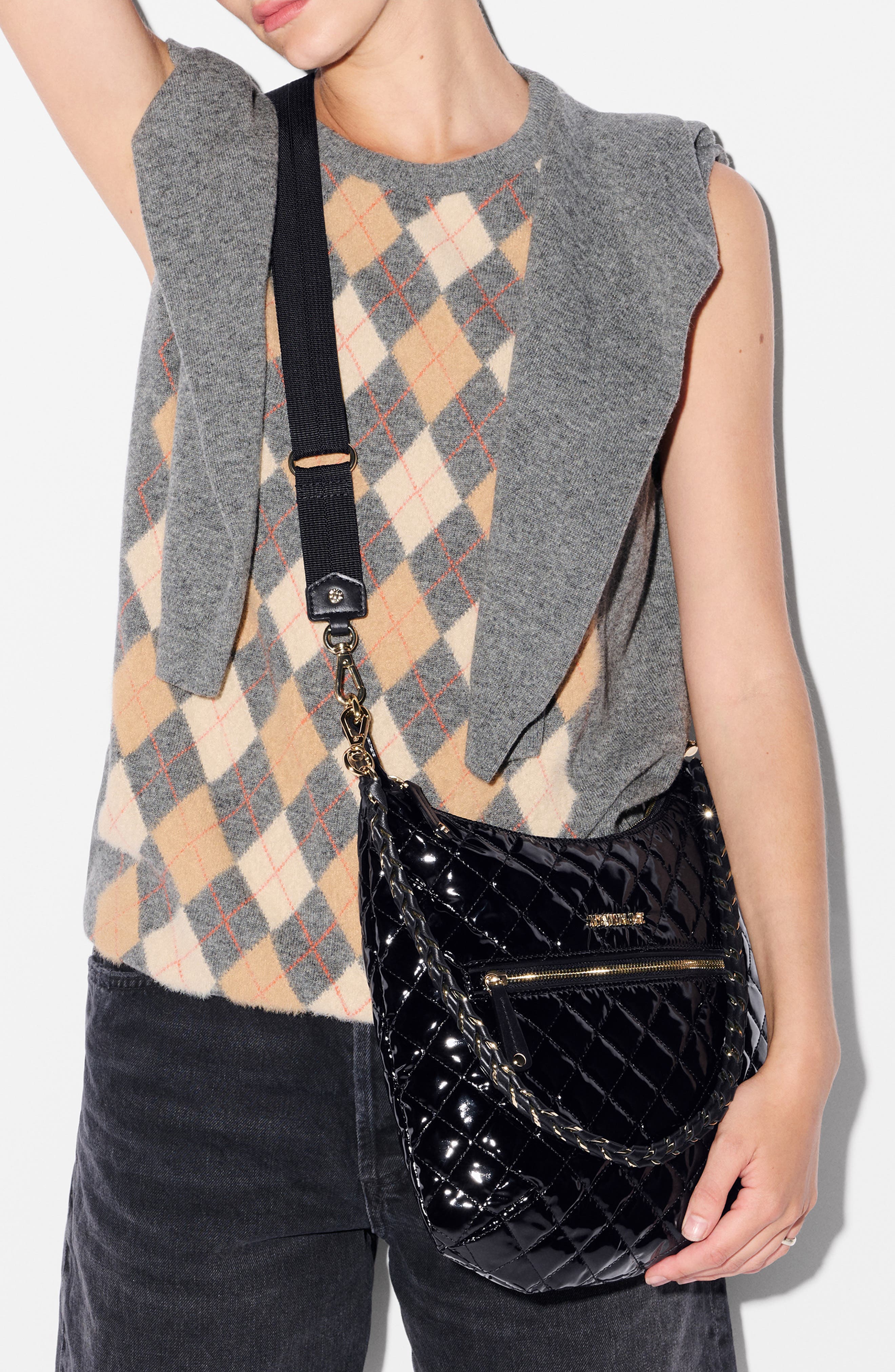 MZ Wallace Crosby Sienna Quilted Nylon Shoulder Bag, Alternate, color, Black Lacquer