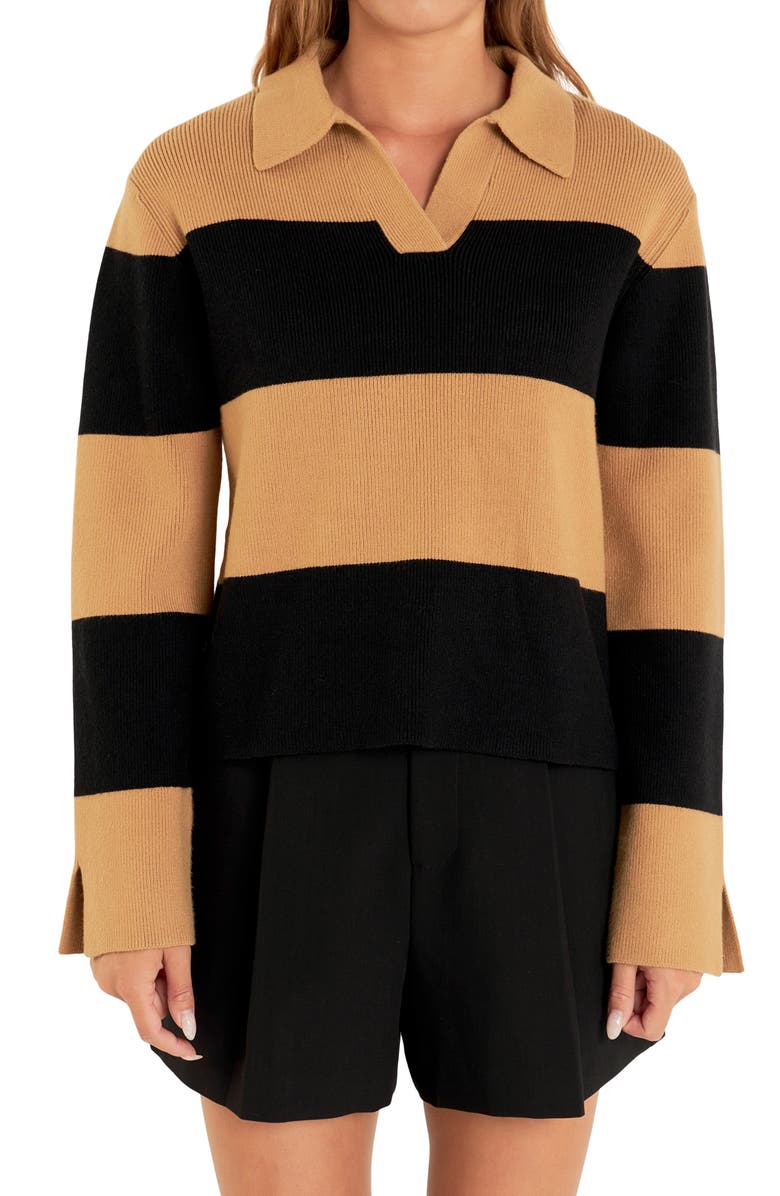English Factory Stripe Polo Sweater, Alternate, color, Camel/ Black