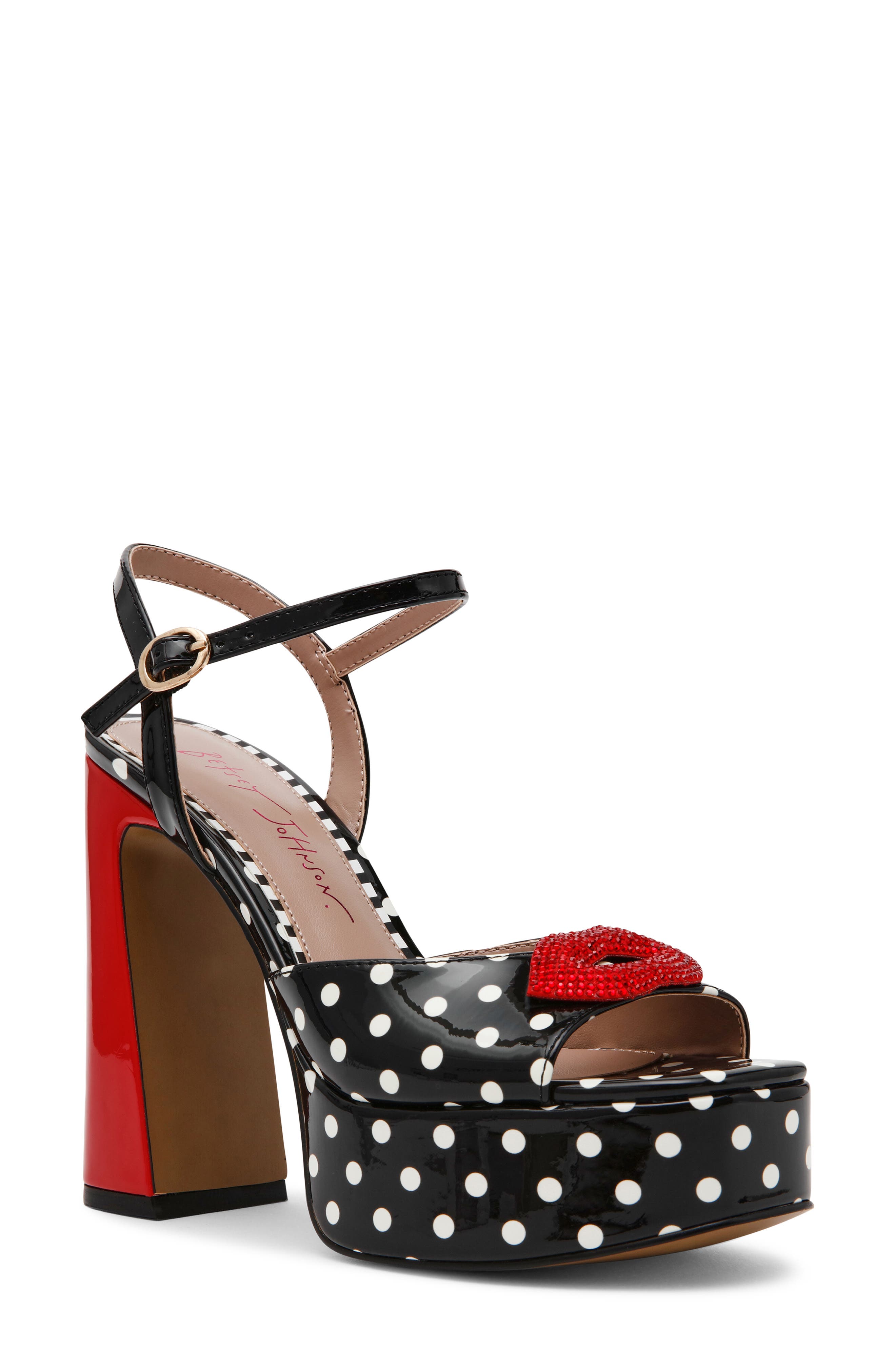 Betsey Johnson Allyson Ankle Strap Platform Sandal, Main, color, White/ Black Polka Dot