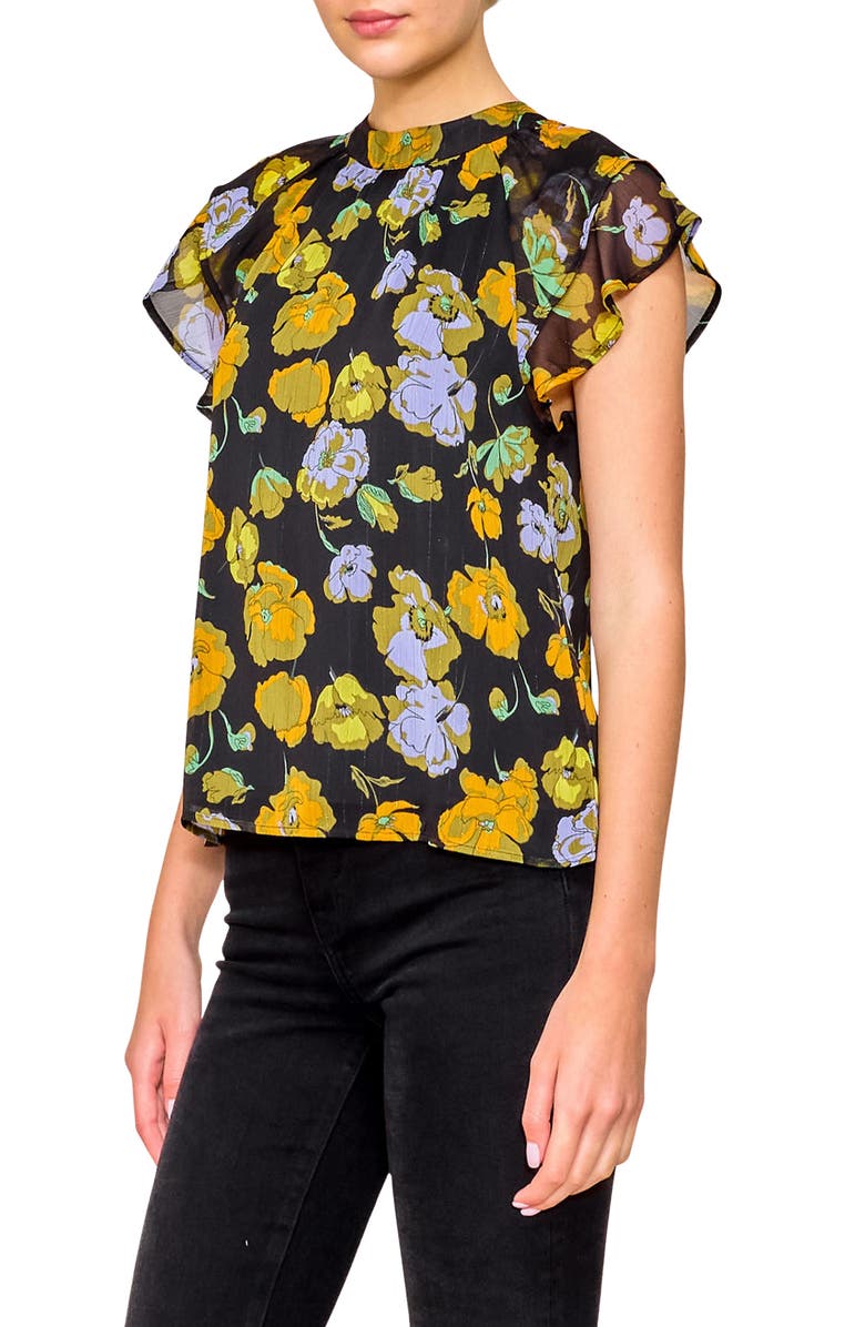 MELLODAY Flutter Sleeve Chiffon Top, Alternate, color, Black/ Blue Floral