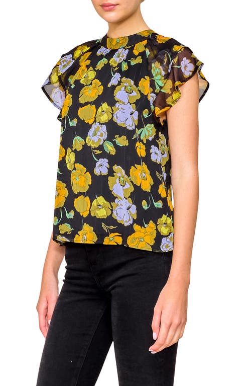 Melloday Flutter Sleeve Chiffon Top In Black/blue Floral