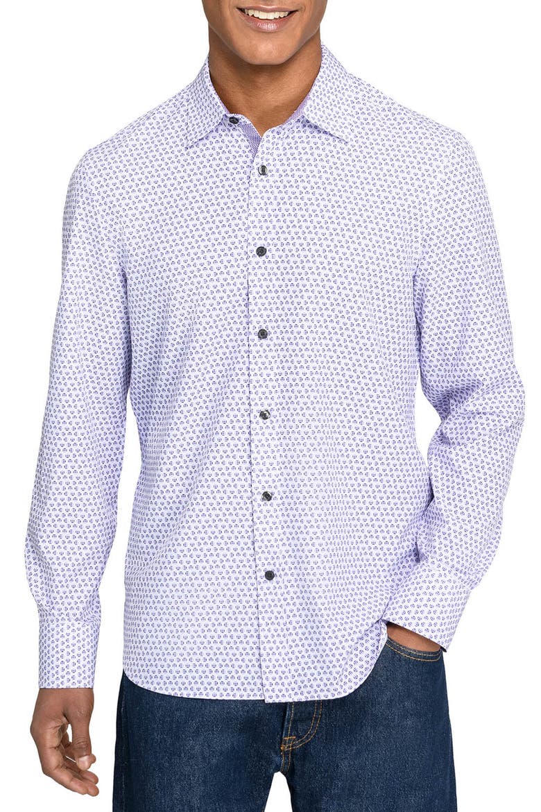 Slim Fit Gem Geo Performance Long Sleeve Shirt, Main, color, WHITE/PURPLE