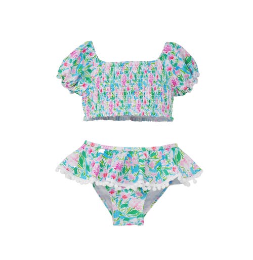 Flap Happy Girl's Upf 50+ Gemma Two Piece Pom-pom Swimsuit In Lotus & Lillies