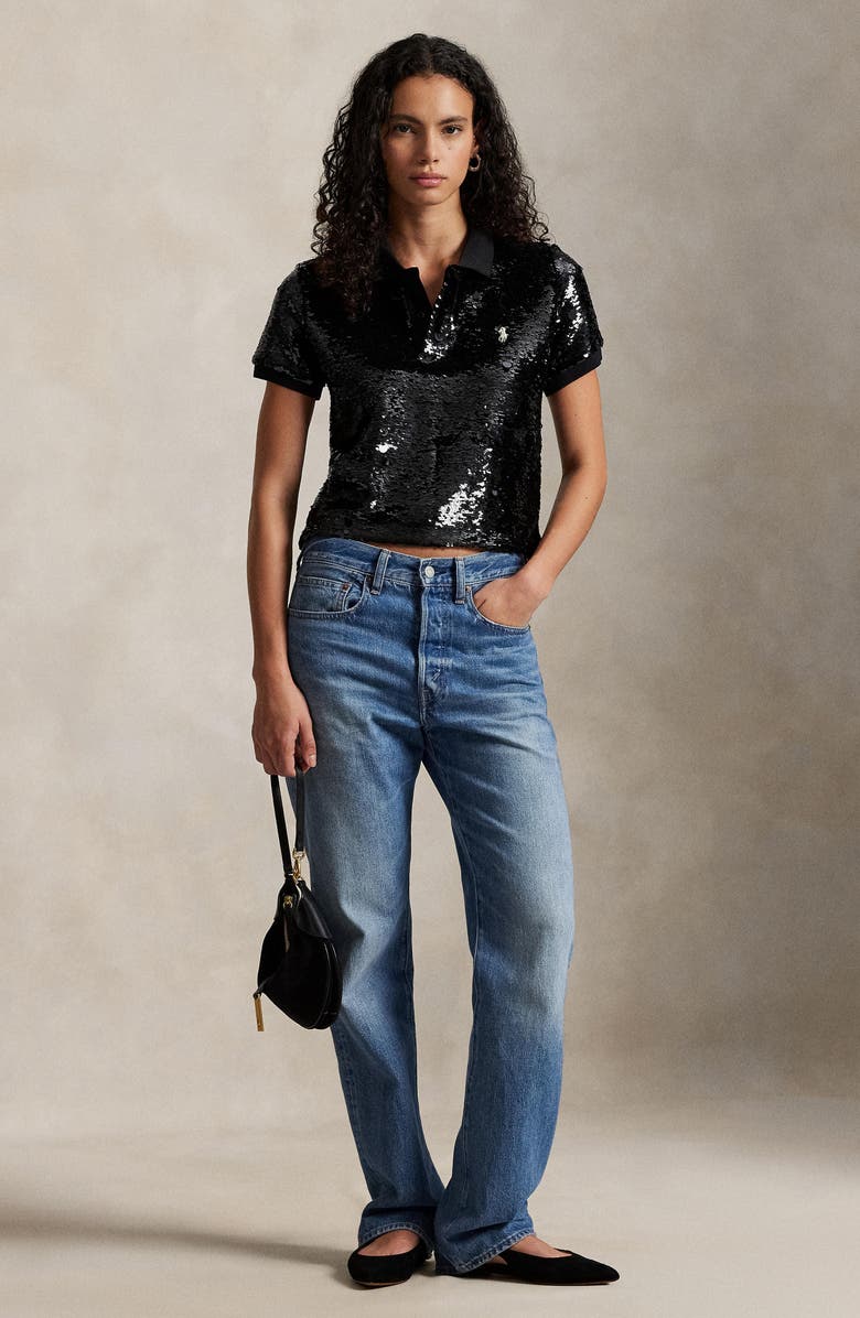 Polo Ralph Lauren Sequin Crop Polo, Alternate, color, Polo Black