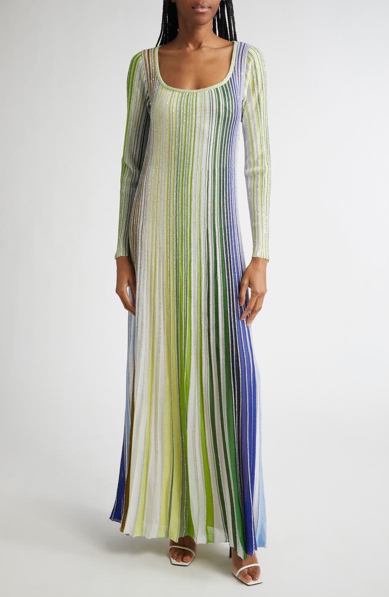 Missoni Metallic Stripe Sequin Long Sleeve Sweater Dress, Main, color, Green/ White/ Blue
