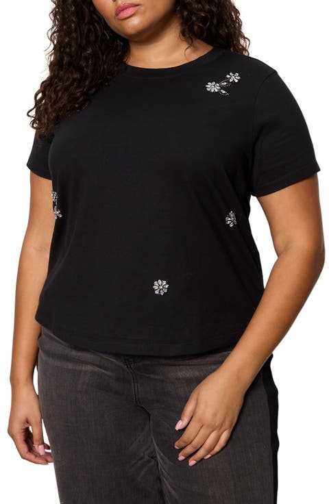Floral Crystal Embellished Organic Cotton T-Shirt (Plus)