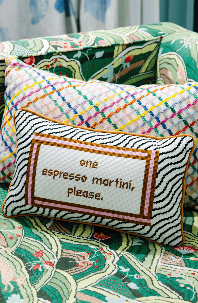 Furbish Espresso Martini Needlepoint Pillow, Alternate, color, Rust