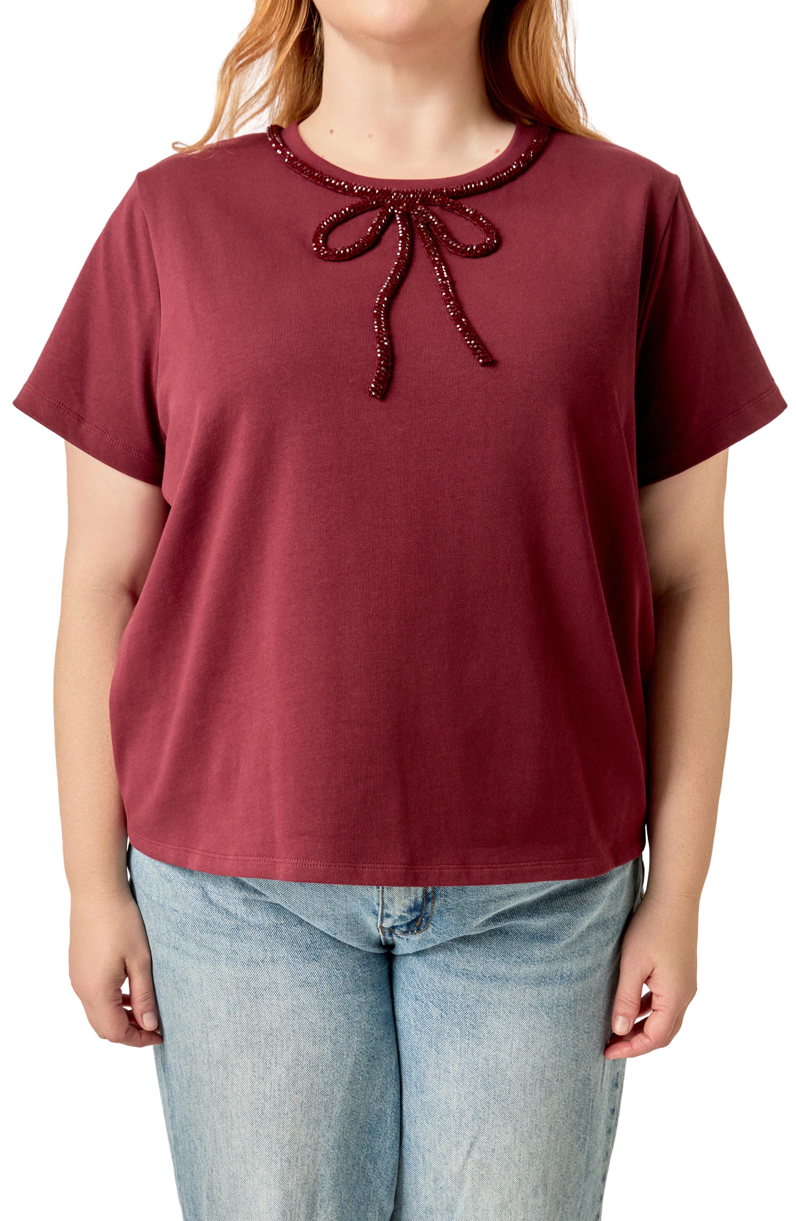 English Factory Beaded Bow Cotton T-Shirt