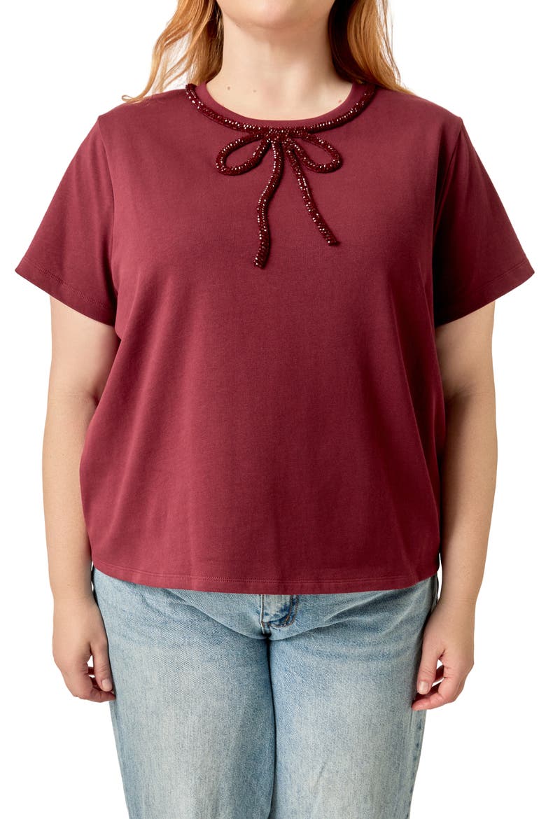Beaded Bow Cotton T-Shirt, Main, color, BURGUNDY
