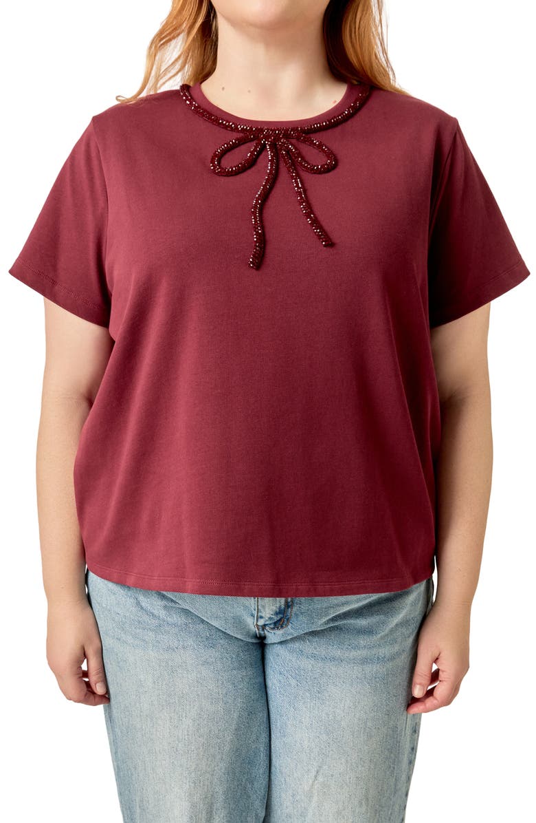 English Factory Beaded Bow Cotton T-Shirt, Main, color, Burgundy