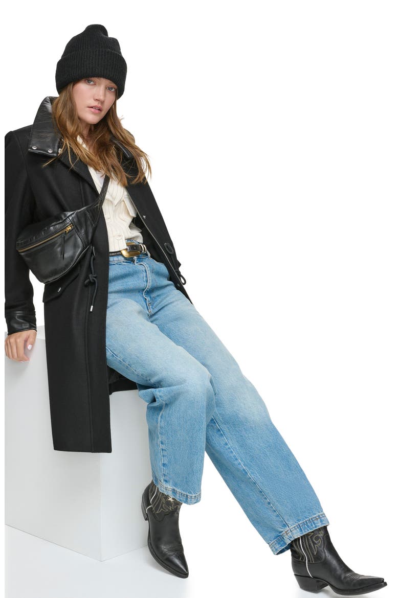 Feather Leather Trim Wool Blend Coat, Alternate, color, BLACK