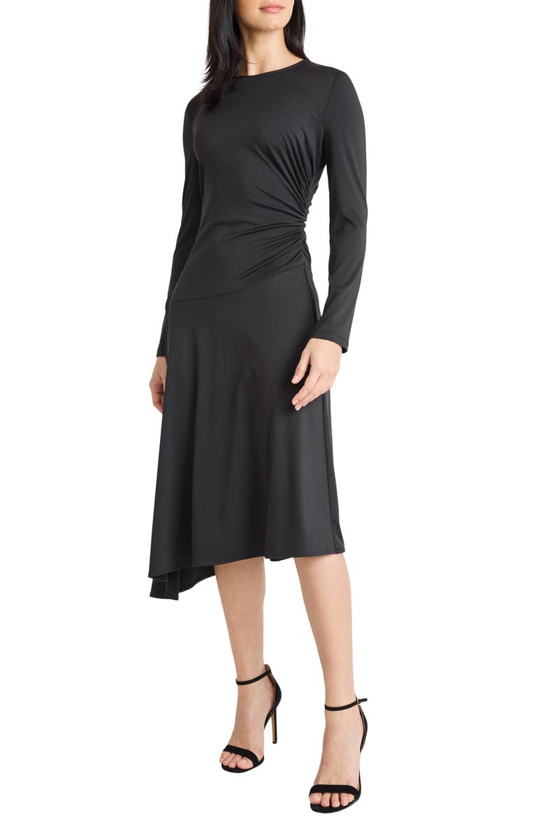 Long Sleeve Asymmetric Hem Midi Dress, Alternate, color, BLACK