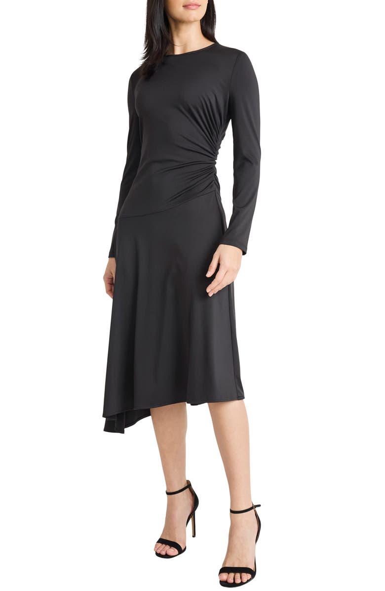 Maggy London Long Sleeve Asymmetric Hem Midi Dress, Alternate, color, Black