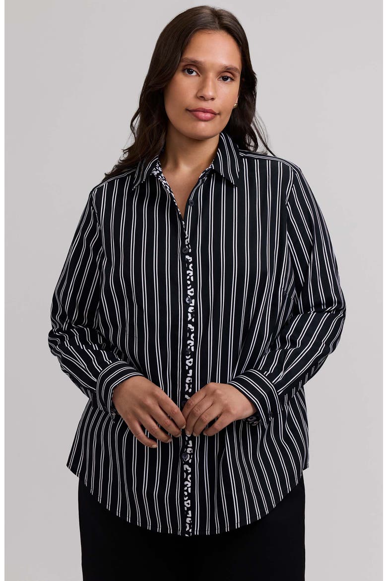 Charlie Stripe Animal Print Trim Cotton Button-Up Shirt, Alternate, color, BLACK/ WHITE