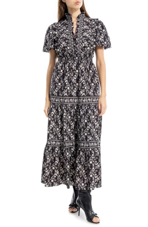 Ruffle Bubble Sleeve Tiered Maxi Dress