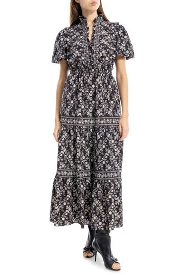 Max Studio Ruffle Bubble Sleeve Tiered Maxi Dress In Black