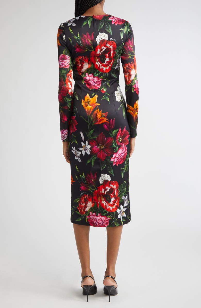 Dolce&Gabbana Floral Print Long Sleeve Satin Sheath Dress, Alternate, color, Hn5pb Anemoni Gigli F.nero