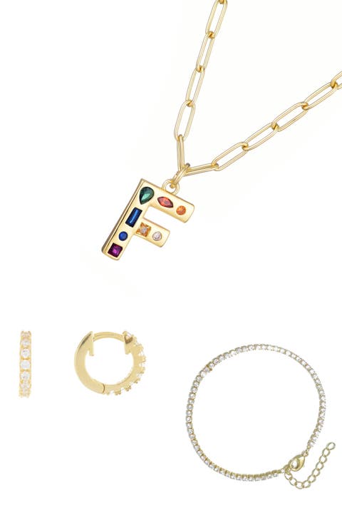 3-Piece Initial Necklace, Earrings & Bracelet Set