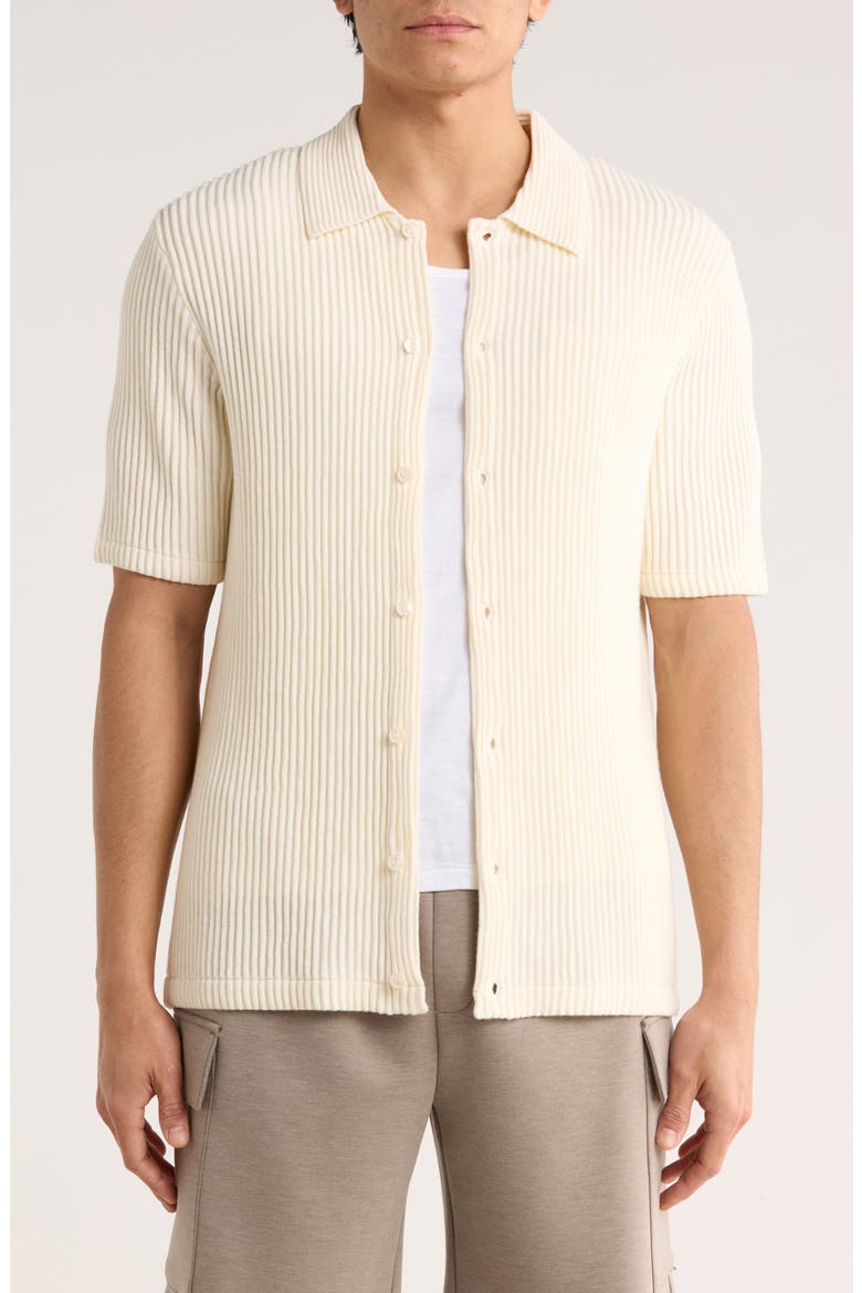 Ribbed Plissé Knit Button-Up Shirt, Main, color, IVORY