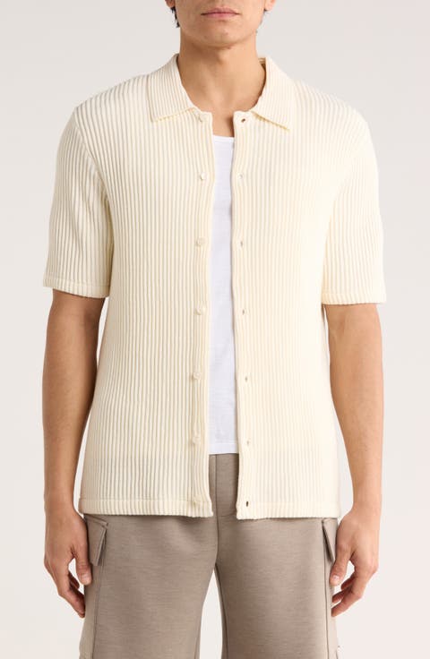 TRUTH Ribbed Plissé Knit Button-Up Shirt
