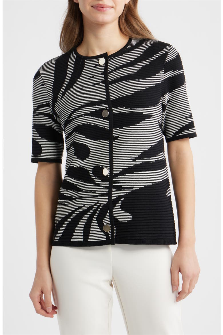Ottoman Jacquard Short Sleeve Cardigan, Alternate, color, ANNE BLACK/ WHITE DOVE