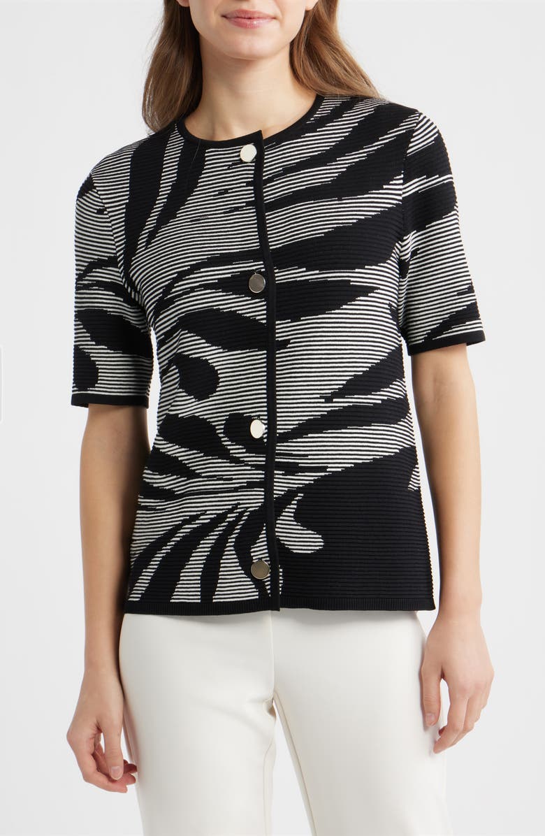 Anne Klein Ottoman Jacquard Short Sleeve Cardigan, Alternate, color, Anne Black/ White Dove