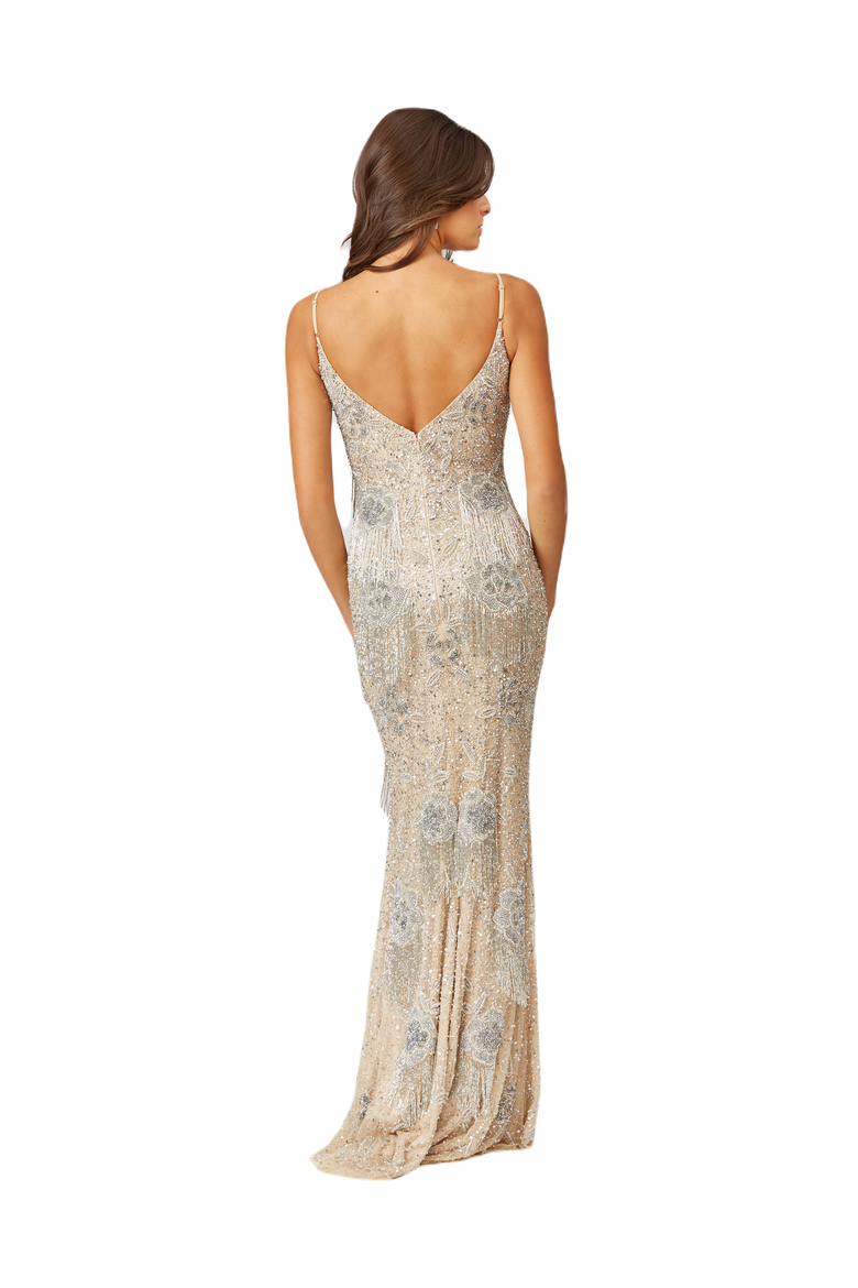 Danika Floral Beaded Sheath Beaded Dress with Beaded Fringe, Alternate, color, NudeSilver