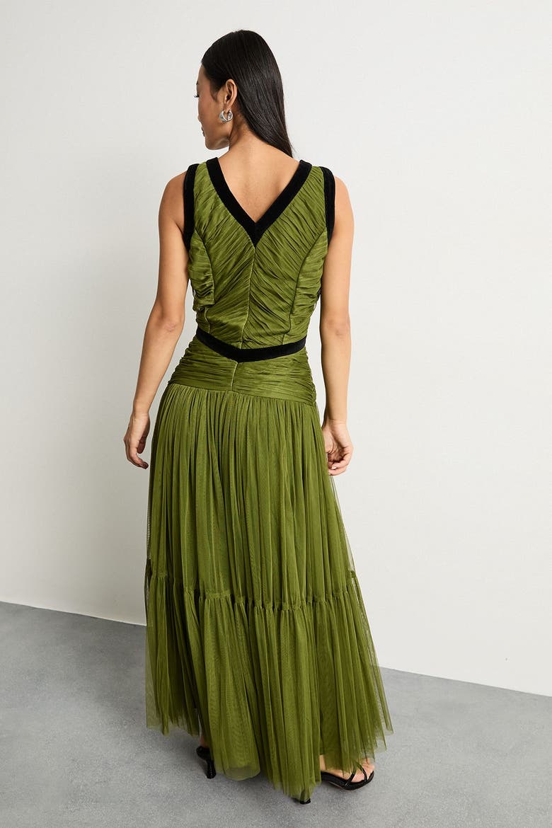 Petite Velvet Trim Tulle Maxi Dress, Alternate, color, Green