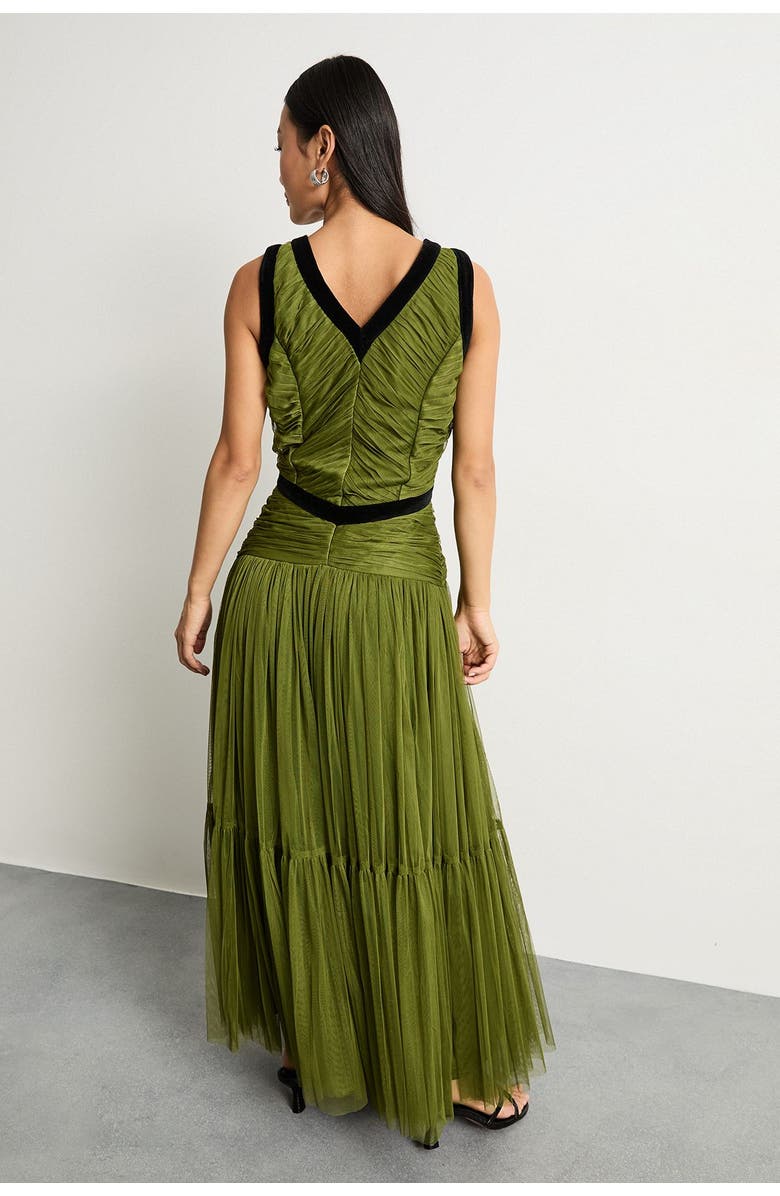 Warehouse Petite Velvet Trim Tulle Maxi Dress, Alternate, color, Green