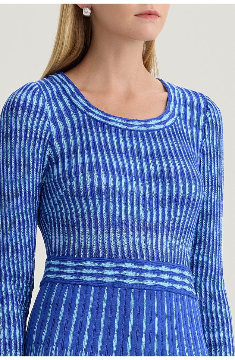 Ming Wang Linear Pointelle Lined Tonal Soft Knit Fit-N-Flare Midi Dress, Alternate, color, Sapphire Sea/Serene