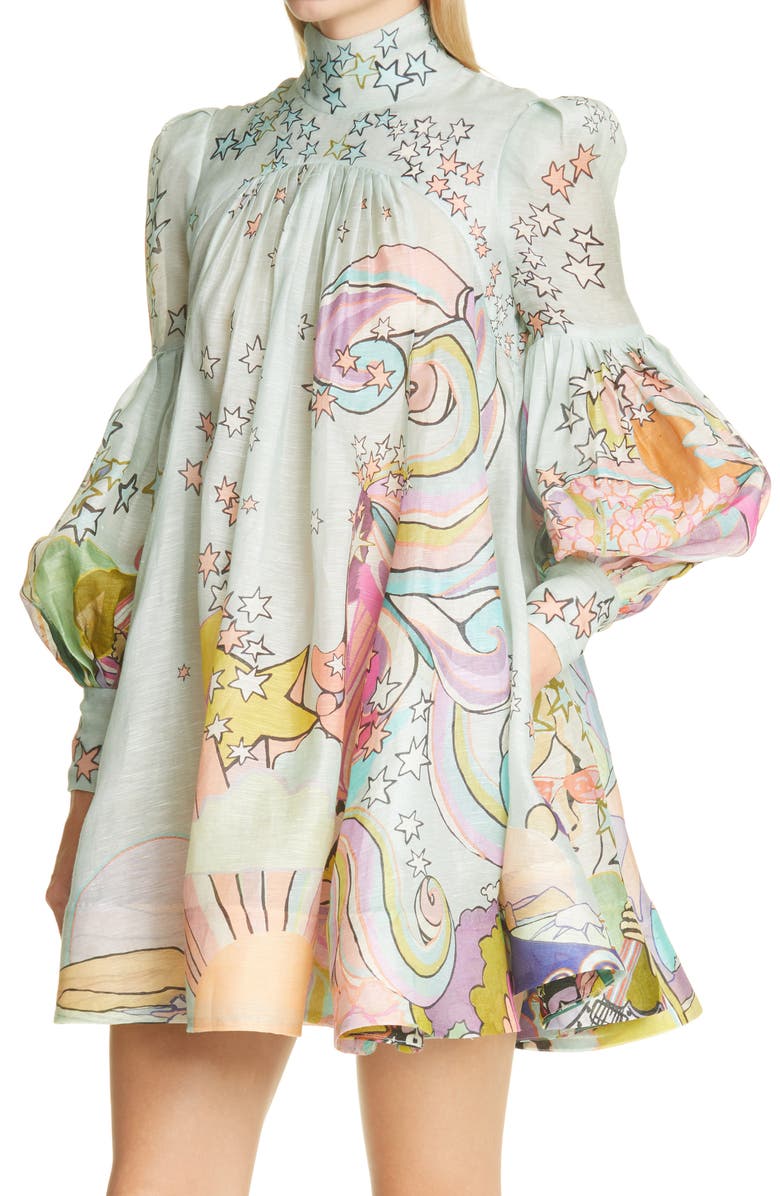 Zimmermann Concert Tie Neck Long Sleeve Linen & Silk Swing Minidress, Alternate, color, 