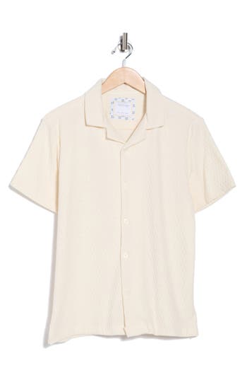 Denim And Flower Textured Short Sleeve Button-up Shirt In White
