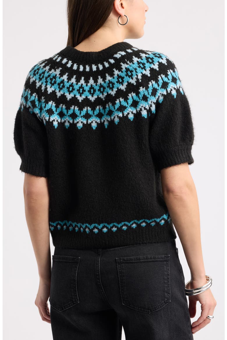 Fair Isle Short Sleeve Sweater, Alternate, color, BLACK- TEAL FAIRISLE