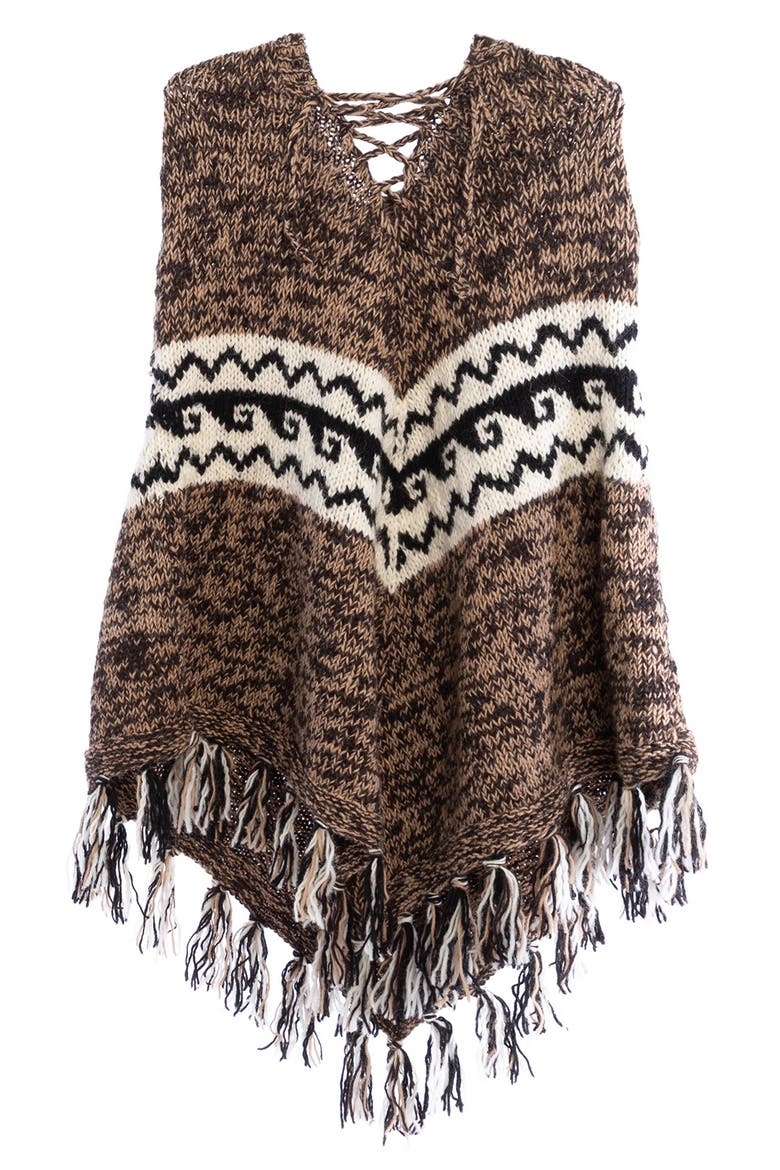 Tassel Wool Knit Poncho, Alternate, color, BEIGE