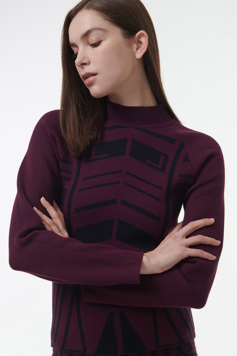 Geometric Jacquard Fitted Knit Top, Alternate, color, Red