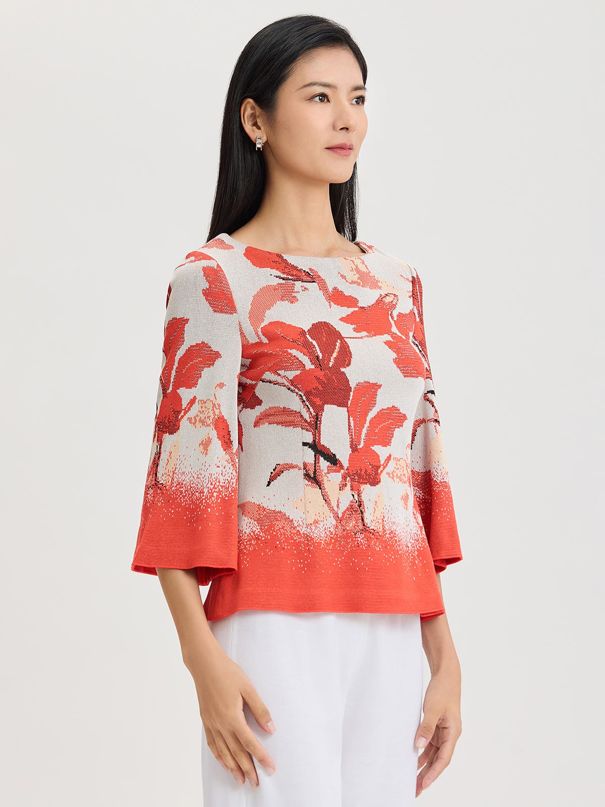 Floral Jacquard Bell Sleeve Soft Knit Top - image 2