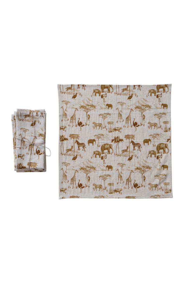 Storied Home 4-Piece Cotton and Linen Printed Dinner Napkins with Safari Animals Pattern, Natural and Brown, Main, color, Natural